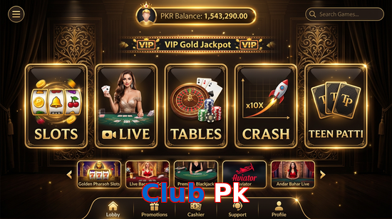 Main screen of Club Pk casino page for PK players