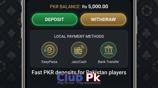 Deposit and withdrawal screen with PKR methods